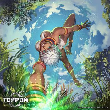 Rule 34 | 1girl, anklet, ass, bird, blue eyes, blue sky, bracelet, breasts, cloud, dark-skinned female, dark skin, day, elena (street fighter), flying, giraffe, grass, handstand, jewelry, looking at viewer, looking down, medium breasts, nature, neck ring, official art, open mouth, short hair, sky, smile, street fighter, street fighter iii, street fighter iii: new generation, street fighter iii (series), swimsuit, teeth, temoshi, teppen, tongue, tree, white hair, wings