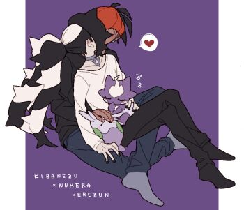 2boys alternate_costume black_hair black_nails black_pants commentary_request dark-skinned_male dark_skin earrings gen_6_pokemon gen_8_pokemon goomy grey_socks headband heart implied_kiss interracial jewelry long_hair long_sleeves male_focus multicolored_hair multiple_boys nail_polish nintendo orange_headband pants piers_(pokemon) pokemon pokemon_(creature) pokemon_swsh purple_background raihan_(pokemon) saku_anna shirt sitting sleeping socks spoken_heart toxel two-tone_hair white_hair white_shirt yaoi zzz