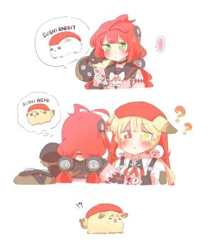 Rule 34 | !?, ..., 2girls, ?, ??, alice thymefield, animal ears, animal on back, animalization, black sailor collar, blonde hair, blush, braid, braided twintails, cardigan, chest bow, commentary request, food, green eyes, hair ornament, hearing aid, heterochromia, highres, holding, holding phone, kamanosuke (zenless zone zero), long hair, looking at another, looking at phone, low twintails, multiple girls, open mouth, phone, pink cardigan, rabbit, rabbit ears, rabbit girl, raccoon, rebecca (keinelove), red eyes, red hair, sailor collar, shirt, simple background, speech bubble, sphere hair ornament, spoken animal, spoken ellipsis, sushi, sweatdrop, tanuki, thought bubble, twintails, ukinami yuzuha, white background, white shirt, yellow eyes, zenless zone zero