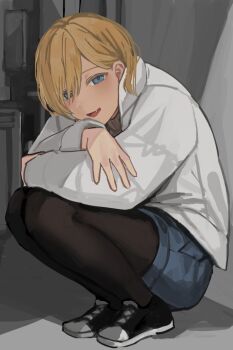 1boy alley black_pantyhose black_shoes blonde-haired_boy_(sunaba_(nczd5875)) blonde_hair blue_eyes blue_shorts blush brown_sweater commentary_request crossdressing crossdressing_(mtf) dot_nose fang from_side full_body hair_between_eyes hair_over_one_eye hand_on_own_arm jacket long_sleeves looking_at_viewer male_focus open_clothes open_jacket open_mouth original pantyhose pantyhose_under_shorts partial_commentary shoes short_hair shorts smile sneakers solo squatting sunaba_(nczd5875) sweater tongue trap white_jacket