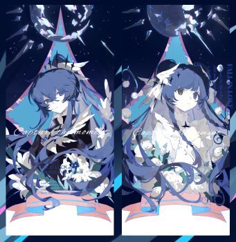 Rule 34 | 2girls, absurdres, black eyes, blue eyes, blue hair, closed mouth, colored inner hair, colored skin, crossed bangs, curtains, expressionless, feathered wings, flower, hair between eyes, hair wings, head wings, heterochromia, high ponytail, highres, long hair, long sleeves, looking at viewer, mole, mole under eye, multicolored hair, multiple girls, original, ponytail, shen a fang, siblings, sidelocks, upper body, watermark, white flower, white skin, white wings, wings