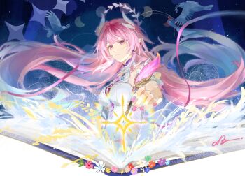 1girl aqua_hair bare_shoulders bird book breasts chinese_commentary commentary_request cyrene_(honkai:_star_rail) cyrene_(ripples_of_past_reverie)_(honkai:_star_rail) diamond-shaped_pupils diamond_(shape) dove halo highres holding holding_quill honkai:_star_rail honkai_(series) large_breasts long_hair moming multicolored_hair open_book pink_hair pink_nails pointy_ears purple_eyes quill solo symbol-shaped_pupils very_long_hair white_hair