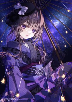 Rule 34 | 1girl, alternate costume, alternate hairstyle, black gloves, black hat, brown hair, commentary request, gloves, hair up, hat, herta (honkai: star rail), highres, holding, holding umbrella, honkai: star rail, honkai (series), japanese clothes, kimono, looking at viewer, night, night sky, open mouth, purple eyes, purple kimono, sidelocks, sky, smile, solo, star (sky), starry sky, the herta (honkai: star rail), twitter username, umbrella, yoake (yoakey)