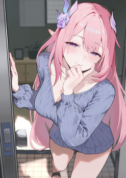 1girl absurdres blue_sweater blush breasts cleavage collarbone cyrene_(honkai:_star_rail) cyrene_(ripples_of_past_reverie)_(honkai:_star_rail) doorway flower hair_between_eyes hair_flower hair_ornament hand_on_own_face harui_(huruyi_817) highres honkai:_star_rail honkai_(series) long_hair long_sleeves looking_at_viewer open_door pink_hair pointy_ears pov_doorway purple_eyes sandals solo sweater