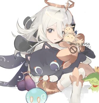 1girl aether_(genshin_impact) animalization arama_(genshin_impact) aranara_(genshin_impact) black_cape bright_pupils cape commentary_request diamond_hair_ornament dodoco_(genshin_impact) eyelashes feathers food fruit genshin_impact gold_halo grey_eyes hair_between_eyes halo highres holding holding_stuffed_toy korean_commentary lavender_melon_(genshin_impact) light_blush long_sleeves lumine_(genshin_impact) mcs_895624 mechanical_halo medium_hair open_mouth paimon_(genshin_impact) pom_pom_(clothes) romper scaramouche_(cat)_(genshin_impact) scaramouche_(genshin_impact) single_thighhigh sitting slime_(genshin_impact) solo string stuffed_animal stuffed_toy tareme thighhighs twitter_username watermark white_background white_hair white_pupils white_romper white_sleeves white_thighhighs yellow_feathers