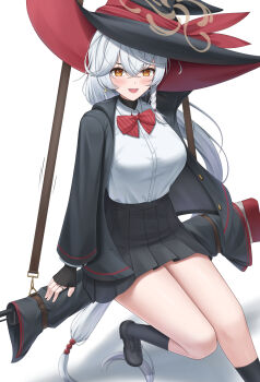 1girl arm_support black_hat black_jacket black_shoes black_skirt blue_archive blush bolt_action bow bowtie braid breasts buttons carcano carcano_m91/38 collared_shirt commentary crossed_bangs diagonal-striped_bow diagonal-striped_bowtie diagonal-striped_clothes earrings english_commentary eri_(blue_archive) floating_hair gun hair_between_eyes hair_bobbles hair_ornament halo hat hat_ribbon highres jacket jewelry kneehighs large_breasts lazb. long_hair long_sleeves looking_at_viewer low-tied_long_hair midair multicolored_hair multiple_rings open_mouth orange_eyes pleated_skirt red_bow red_ribbon red_streaks red_trim ribbon rifle ring shirt shirt_tucked_in shoes side_halo sidesaddle simple_background single_braid single_earring sitting skirt smile socks solo strap streaked_hair striped_bow striped_bowtie striped_clothes thighs tilted_halo two-sided_fabric two-sided_headwear very_long_hair weapon weapon_riding white_background white_hair witch_hat yellow_halo