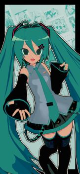 1girl 3d :d absurdres animasa_model_(mikumikudance) aqua_eyes aqua_hair aqua_nails aqua_necktie bare_shoulders black_border black_skirt black_sleeves black_thighhighs blush boots border detached_sleeves grey_shirt hair_between_eyes hair_ornament hatsune_miku headphones headset highres kio_(majin_kz) long_hair looking_at_viewer mikumikudance_(medium) necktie open_mouth outstretched_arms shirt skirt sleeveless sleeveless_shirt smile solo thigh_boots thighhighs twintails variant_set very_long_hair vocaloid