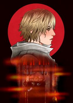 Rule 34 | 1girl, bare shoulders, black border, black roots, blonde hair, border, closed mouth, freckles, hanged, heather mason, highres, hood, hood down, hoodie, monster, noctglaiveart, profile, red background, short hair, silent hill (series), silent hill 3, sleeveless, sleeveless hoodie, solo, upper body, white hoodie