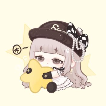 1girl black_bow black_gloves black_hat black_shoes blinking blunt_bangs bow bowler_hat bowtie brown_eyes brown_hair checkered_bow checkered_clothes chibi chinese_commentary clothes_writing commentary_request double-parted_bangs dress expressionless eyelashes frilled_dress frilled_sleeves frills glitter gloves hair_spread_out half-closed_eyes hat hat_bow holding holding_star jewelry light_blush long_hair looking_at_viewer medium_dress necklace nikki_(series) oversized_object parted_lips pearl_necklace print_gloves shining_nikki shoes short_sleeves sidelocks sigh sitting solo star_(symbol) star_print star_symbol_background strings_of_the_stars_(shining_nikki) two-tone_bow unworn_jewelry unworn_necklace very_long_hair wavy_hair white_bow white_dress xiaoyu_qixing yellow_background