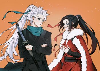 Rule 34 | 1boy, 1girl, alternate hair length, alternate hairstyle, alternate universe, aqua eyes, black eyes, black hair, bleach, cape, chinese clothes, commentary, crossed arms, english commentary, fur-trimmed cape, fur trim, hair ribbon, high ponytail, highres, hitsugaya toushirou, holding, holding sheath, holding sword, holding weapon, kurosaki karin, long hair, open mouth, orange hair, ponytail, red cape, ribbon, sheath, sheathed, silegesi, smile, sword, very long hair, weapon, white hair, zanpakutou