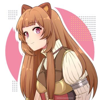 Rule 34 | 1girl, abstract background, alternate breast size (smaller), animal ear fluff, animal ears, armor, artist logo, artist name, black dress, blunt bangs, breastplate, breasts, brown hair, closed mouth, collared dress, commentary, dress, from side, grey background, high collar, highres, layered dress, logo, long hair, long sleeves, looking at viewer, looking to the side, metal arm cuffs, metal hair tubes, neck ribbon, nunamayou, outline, pink background, pink eyes, pinstripe dress, pinstripe pattern, raccoon ears, raccoon girl, raphtalia, red dress, red ribbon, ribbon, sleeveless, sleeveless dress, small breasts, smile, solo, straight hair, tate no yuusha no nariagari, two-tone dress, upper body, watermark, white background, white dress, white outline, yellow background