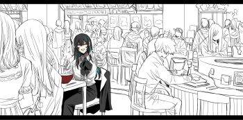 Rule 34 | 1girl, ado (utaite), black hair, black pants, blue hair, chando (ado), closed eyes, commentary request, gloves, gunjyou (gunjyou 00), ha-chan (ado), hair between eyes, highres, indoors, multicolored hair, open mouth, pants, partially colored, people, streaked hair, sweatdrop, waving, white gloves