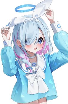 1girl absurdres arms_up arona_(blue_archive) blue_archive blue_eyes blue_hair blue_halo blue_shirt blush bow bow_hairband braid choker commentary_request crop_top crop_top_overhang cropped_shirt daimi_94 eyes_visible_through_hair hair_over_one_eye hairband halo highres long_bangs long_sleeves looking_to_the_side medium_hair midriff navel open_mouth parted_bangs sailor_collar sailor_shirt school_uniform shirt sideways_glance simple_background smile solo white_background white_bow white_choker white_hairband white_sailor_collar