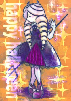Rule 34 | 1212hommeg, 1girl, absurdres, artist name, closed eyes, commentary request, cross-laced footwear, dated, demon horns, dress, drill hair, elbow gloves, gloves, halloween, hand up, happy halloween, highres, horns, justice gakuen, kirishima yurika, light brown hair, moero! justice gakuen, pantyhose, pitchfork, purple dress, purple footwear, solo, white gloves, white pantyhose