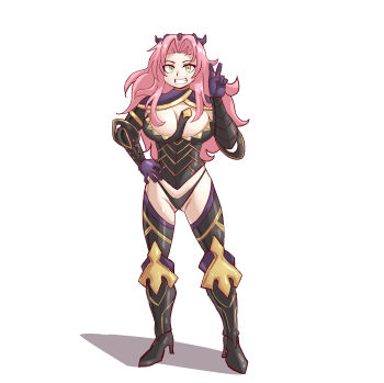 Rule 34 | 1girl, absurdres, angela (seiken densetsu 3), armor, bikini armor, boots, breasts, camilla (fire emblem) (cosplay), cleavage, cosplay, crown, female focus, fire emblem, fire emblem fates, full body, gloves, green eyes, grin, hand on own hip, high heel boots, high heels, highres, large breasts, long hair, looking at viewer, markustercero, nintendo, pointy ears, purple gloves, seiken densetsu, seiken densetsu 3, sidelocks, simple background, smile, solo, square enix, standing, swept bangs, teeth, v, white background