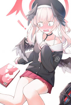! &lt;|&gt;_&lt;|&gt; 1girl beret black_choker black_hat black_shirt black_wings blue_archive blush bra_strap choker collarbone commentary feathered_wings halo hat head_wings highres infinity_(kkx132) koharu_(blue_archive) looking_at_viewer low_wings manga_(object) medium_hair neckerchief pink_hair pink_neckerchief pleated_skirt red_halo red_skirt sailor_collar shirt skirt sleeves_past_fingers sleeves_past_wrists solo twintails white_background white_sailor_collar wings