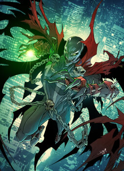 Rule 34 | building, cape, chain, comic, demon, flying, glowing, glowing eyes, green eyes, image comics, jonboy meyers, skull, spawn (comic), spawn (spawn), spikes, superhero costume, teeth, tongue, tongue out, town