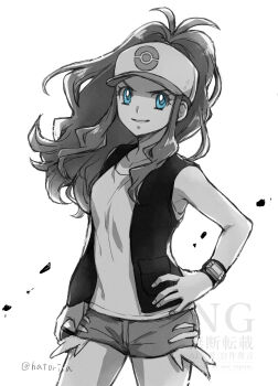 1girl antenna_hair blue_eyes commentary cowboy_shot exposed_pocket eyelashes hand_on_own_hip hat hatori_a highres hilda_(pokemon) holding holding_poke_ball long_hair nintendo open_clothes open_vest poke_ball pokemon pokemon_black_and_white shirt short_shorts shorts sidelocks sleeveless sleeveless_shirt smile solo spot_color twitter_username vest watermark xtransceiver