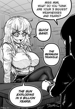 2girls @_@ absurdres artist_name breasts commentary crossed_legs english_commentary english_text fang greyscale highres interview large_breasts mimi_(nhim) monochrome multiple_girls nhim office office_lady open_mouth original pantyhose skin_fang skirt