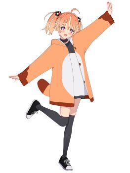 +_+ 1girl 3d absurdres ahoge arm_up black_choker black_shirt black_shoes black_thighhighs blender_(medium) blonde_hair bright_pupils cel_rendering cel_shading choker commentary_request fake_tail flower full_body hair_flower hair_ornament highres hood hood_down hoodie long_sleeves looking_at_viewer medium_hair multicolored_eyes multicolored_hair no_pants open_clothes open_hoodie open_mouth orange_hair orange_hoodie outstretched_arms pink_eyes purple_eyes rinne_(rinrinne) rinrinne rinrinne39_(artist) shirt shoes short_twintails simple_background smile sneakers solo spread_arms standing standing_on_one_leg streaked_hair t-shirt tachi-e tail thighhighs transparent_background twintails two-tone_shirt virtual_youtuber white_pupils white_shirt wide_sleeves