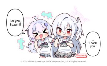 Rule 34 | &gt; &lt;, +++, 2girls, blue archive, character name, chibi, chibi only, closed eyes, commentary, donmin h, english commentary, english text, grey skirt, hair between eyes, hair ornament, halo, head wings, long hair, mole, mole under eye, multiple girls, official art, open mouth, parted lips, pleated skirt, red eyes, reisa (blue archive), shirt, short sleeves, simple background, single head wing, skirt, speech bubble, star (symbol), star hair ornament, suzumi (blue archive), t-shirt, twintails, white background, wings