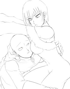 1boy 1girl against_wall blush cape cramped dress flustered fubuki_(one-punch_man) gloves highres in_locker jumpsuit nervous one-punch_man saitama_(one-punch_man) short_hair sketch surprised white_background