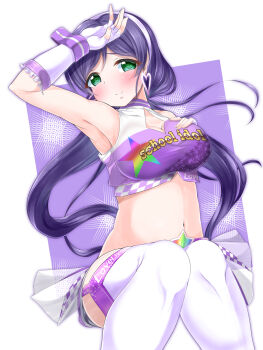 Rule 34 | 1girl, absurdres, aqua eyes, arm over head, armpits, bare shoulders, blush, breasts, cleavage, cleavage cutout, clothes writing, clothing cutout, clothing request, collarbone, commentary request, cowboy shot, crop top, earrings, elbow gloves, fingerless gloves, gloves, hairband, hand on own chest, heart, heart earrings, highres, jewelry, large breasts, long hair, looking at viewer, love live!, love live! school idol festival, love live! school idol festival after school activity, love live! school idol project, low twintails, midriff, navel, parted bangs, purple background, purple hair, purple shirt, race queen, rapiecage (8107ka), shirt, sidelocks, sitting, smile, solo, thighhighs, tojo nozomi, twintails, white background, white gloves, white hairband, white thighhighs, wrist cuffs