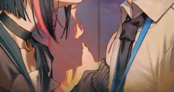 1boy 1girl absurdres betabeet black_choker black_hair black_necktie blue_archive blunt_ends choker collarbone eyes_out_of_frame head_out_of_frame hetero highres imminent_kiss kazusa_(blue_archive) lanyard multicolored_hair necktie pink_hair sensei_(blue_archive) shadow shirt short_hair sweatdrop two-tone_hair upper_body white_shirt