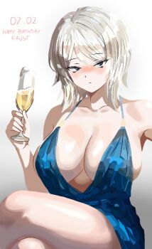 1girl alcohol armpits birthday blue_dress blush breasts champagne cleavage dress faust_(project_moon) feet_out_of_frame glass gradient_background halter_dress halterneck happy_birthday highres large_breasts limbus_company looking_at_viewer medium_hair paulcamadonnas project_moon solo thighs