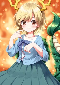 Rule 34 | 1girl, antlers, blonde hair, blue bow, blue bowtie, blue shirt, blue skirt, blush, bow, bowtie, brown eyes, closed mouth, collarbone, commentary, cowboy shot, dragon tail, fur-tipped tail, hands up, highres, horns, kicchou yachie, long sleeves, looking at viewer, orange background, pleated skirt, ruu (tksymkw), shirt, short hair, skirt, smile, solo, tail, touhou, yellow horns