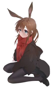 1girl amiya_(arknights) animal_ears aqua_eyes arknights black_coat black_pantyhose black_shoes brown_hair chinese_commentary coat commentary_request fish_(user_yjse8437) hair_between_eyes highres hood hood_down hooded_coat light_smile loafers long_hair long_sleeves looking_at_viewer pantyhose plaid_clothes plaid_scarf red_scarf scarf shoe_soles shoes simple_background solo white_background