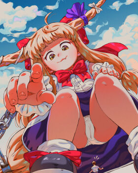 1boy 1girl :3 ahoge black_shoes blonde_hair blush bow brown_eyes brown_hair cameltoe chain cloud crotch_seam demon_girl demon_horns fang flying_sweatdrops footwear_bow giant giantess hair_ribbon hand_on_own_knee horn_ornament horn_ribbon horns ibuki_suika idfer loli long_hair looking_at_another oni panties purple_skirt reaching reaching_towards_viewer red_bow red_ribbon ribbon shirt shoes short_hair short_sleeves sidelocks skirt sky sleeveless sleeveless_shirt smile socks squatting standing surprised touhou underwear white_panties white_ribbon white_shirt white_socks wrist_cuffs