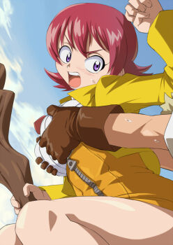 1boy 1girl black_thighhighs blue_sky blush breasts brown_gloves commentary_request dress embarrassed feylin floating gloves grabbing_another's_breast grabbing_from_behind groping hagan ishida_baru jacket looking_at_another looking_back open_mouth purple_eyes red_hair short_hair sky sweat tanken_driland tanken_driland:1000-nen_no_mahou thighhighs yellow_dress yellow_jacket zipper