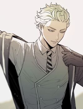 Rule 34 | 1boy, clothes pull, collared shirt, commentary request, diagonal-striped clothes, diagonal-striped necktie, dressing, frown, gloves, hair slicked back, highres, jacket, jacket pull, looking down, male focus, necktie, rimo., sebek zigvolt, shirt, short hair, simple background, solo, striped clothes, twisted wonderland, upper body, vest, white background