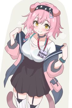 Rule 34 | 1girl, absurdres, animal ears, arknights, black hairband, black jacket, black skirt, blue bow, blush, bow, bra strap, braid, breasts, breath, closed mouth, commentary, cowboy shot, eggplant7217, garter straps, goldenglow (arknights), grey background, hair bow, hairband, highres, hot, infection monitor (arknights), jacket, lanyard, medium breasts, medium hair, one-hour drawing challenge, pink hair, pink jacket, shirt, skirt, smile, solo, standing, sweat, t-shirt, tail, thighhighs, white shirt, white thighhighs, yellow eyes