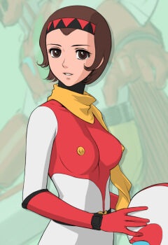 1970s_(style) 1girl bad_id bad_pixiv_id breasts brown_eyes brown_hair covered_erect_nipples getter-1 getter_robo hairband helmet mecha medium_breasts oldschool pilot_suit retro_artstyle robot sano_toshihide saotome_michiru scarf short_hair skin_tight toei_company watch wristwatch