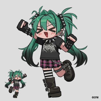 >_< 1girl absurdres aqua_hair black_boots black_collar black_gloves black_hair black_shirt black_skirt black_thighhighs blush boots chibi collar commentary_request fingerless_gloves gishiki_(gshk) gloves gradient_hair grey_background grey_skirt hair_intakes hatsune_miku highres leg_up long_hair multicolored_hair open_mouth pleated_skirt shirt short_sleeves simple_background single_thighhigh skirt smile solo spiked_collar spiked_hair_ornament spiked_thigh_strap spikes standing standing_on_one_leg striped_clothes striped_thighhighs sweatdrop t-shirt thighhighs twintails very_long_hair vocaloid white_thighhighs