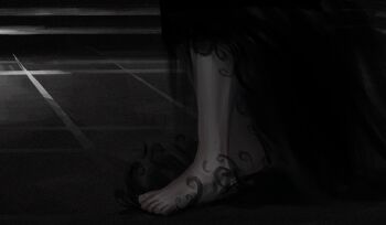 1boy absurdres barefoot black_cloak cloak close-up feet foot_focus gloxartx highres male_focus shadow_slave solo standing sunny_(shadow_slave) tile_floor tiles walking