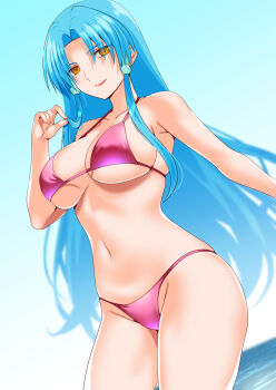 1girl aqua_hair armpits bandai_namco bare_shoulders bikini blue_hair breasts commission cowboy_shot day engo_(aquawatery) glacies hair_ornament hair_tubes highres large_breasts lipstick long_hair makeup navel ocean pink_bikini pixiv_commission sky smile solo stomach super_robot_wars super_robot_wars_destiny super_robot_wars_original_generation swimsuit thighs underboob yellow_eyes