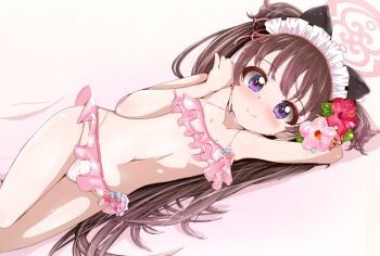 1girl arm_behind_head arm_up bed bikini blue_archive blush breasts brown_hair closed_mouth collarbone embarrassed excited eyelashes feet_out_of_frame female_focus flower flower_on_head frilled_bikini frills halo hand_up loli long_hair looking_at_viewer lying navel on_bed on_side pink_bikini pink_halo purple_eyes shizuko_(blue_archive) small_breasts smile solo swimsuit twintails variant_set yuzukiaz
