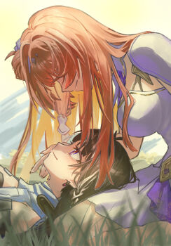 2girls breasts brown_hair closed_mouth commentary_request dress duoyun_de_tiankong earrings grass highres honkai_(series) honkai_impact_3rd jewelry large_breasts leylah_(honkai_impact) long_hair looking_at_another lying lying_on_lap multiple_girls on_back orange_hair outdoors pink_eyes seiza senadina senadina_(cocoon_of_unwoven) sideboob sitting smile white_dress yuri