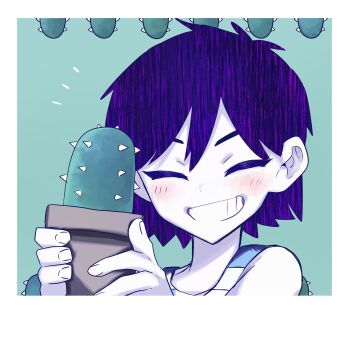 1boy antenna_hair blush cactus checkered_clothes closed_eyes colored_skin double-parted_bangs flower_pot grin highres holding holding_flower_pot kel_(headspace)_(omori) kel_(omori) male_focus nata_kadu omori open_mouth plant potted_plant purple_hair short_hair skirt smile solo tank_top teeth upper_body white_skin white_skirt