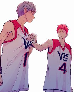 Rule 34 | 2boys, a jou, akashi seijuurou, armband, bare shoulders, basketball jersey, basketball uniform, black armband, blue eyes, blue hair, closed mouth, clothes grab, collarbone, commentary request, eye contact, hand on another's hand, kuroko no basuke, kuroko tetsuya, looking at another, male focus, multicolored clothes, multiple boys, outstretched arm, parted lips, red hair, shorts, simple background, sleeveless, smile, sportswear, vorpal swords uniform, white background, white shorts