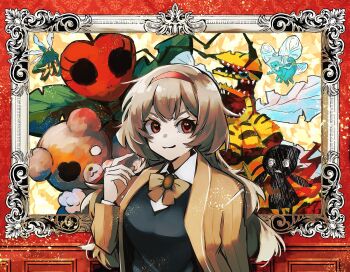 Rule 34 | 1girl, border, bow, bowtie, brown bow, brown bowtie, brown coat, brown eyes, brown hair, coat, collared shirt, fairy, fairy festival, fire, hairband, happy teddy bear, highres, library of ruina, long hair, looking at viewer, malkuth (project moon), nakame77, picture frame, project moon, queen bee (project moon), red border, red hairband, scorched girl, shirt, simple background, smile, snow white's apple, solo, stuffed animal, stuffed toy, teddy bear, upper body, white shirt