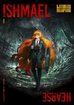 Rule 34 | bow, cosplay, hair bow, highres, id card, ishmael (project moon), jacket, limbus company, mace, necktie, project moon, red necktie, shield, vivian james, weapon