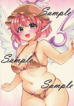 1girl alternate_costume animal_ears bikini bird_ears bird_wings blush breasts brown_bikini brown_eyes brown_hat cleavage commentary_request groin halterneck hat looking_at_viewer miyakooo0420 mystia_lorelei navel open_mouth pink_hair plump sample_watermark smile solo stomach swimsuit touhou traditional_media watermark winged_hat wings