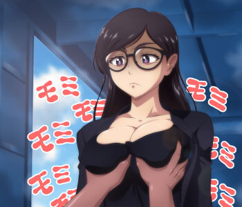 1girl accidental_grope black_hair black_skirt blue_sky breasts cleavage commentary_request completely_unamused glasses grabbing_another&#039;s_breast groping jacket kaname_aomame large_breasts long_hair long_sleeves minakata_hizuru mole purple_eyes shaded_face skirt sky solo sound_effects summertime_render translation_request unamused window
