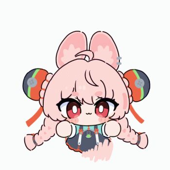 1girl :3 ahoge animal_ear_fluff animal_ear_piercing animal_ears animated animated_gif blush_stickers braid chibi commentary_request furry furry_female hair_ornament long_hair looking_at_viewer open_mouth pink_hair rabbit_ears rabbit_girl red_eyes simple_background solo sphere_hair_ornament thick_eyebrows twintails umihio white_background zenless_zone_zero zhao_(zenless_zone_zero)