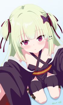 1girl :o absurdres bare_shoulders black_kimono black_skirt blue_background blunt_bangs blunt_ends blush breasts commentary criss-cross_halter dutch_angle eyes_visible_through_hair foreshortening from_above green_hair hair_intakes hair_ribbon halterneck highres hime_cut incoming_hug japanese_clothes kimono kise_tt long_hair long_sleeves miniskirt murasame_(senren) no_bra open_mouth pleated_skirt pom_pom_(clothes) pov red_eyes red_ribbon red_sash ribbon sash senren_banka sidelocks signature simple_background sitting skirt small_breasts solo straight-on straight_hair twitter_username two_side_up wariza wide_sleeves