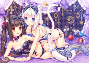 10s 2girls :3 :d :o all_fours animal animal_ear_fluff animal_ears anniversary apple argyle_background argyle_clothes bare_shoulders bed_sheet bell bird black_bow blue_bow blue_nails blunt_bangs blush bow bow_panties bracelet breasts brown_eyes brown_hair buttons cat_ears cat_girl cat_tail chain chocola_(nekopara) choker collarbone cross feet fishnet_legwear fishnets food frilled_panties frills fruit hair_bow hand_around_neck hand_grab hand_on_another's_shoulder heart heart_button highres jewelry jingle_bell lingerie long_hair looking_at_viewer lying medium_breasts multiple_girls nail_polish neck_bell nekopara no_shoes non-web_source official_style on_bed on_side open_mouth panties pink_bow pink_nails ring sayori_(neko_works) shiny_skin siblings side-tie_panties sisters slit_pupils small_breasts smile striped_bow striped_clothes striped_legwear striped_thighhighs tail tail_bow tail_ornament thighhighs twins twintails underwear underwear_only vanilla_(nekopara) vertical-striped_clothes vertical-striped_legwear vertical-striped_thighhighs very_long_hair white_bow white_hair yuri